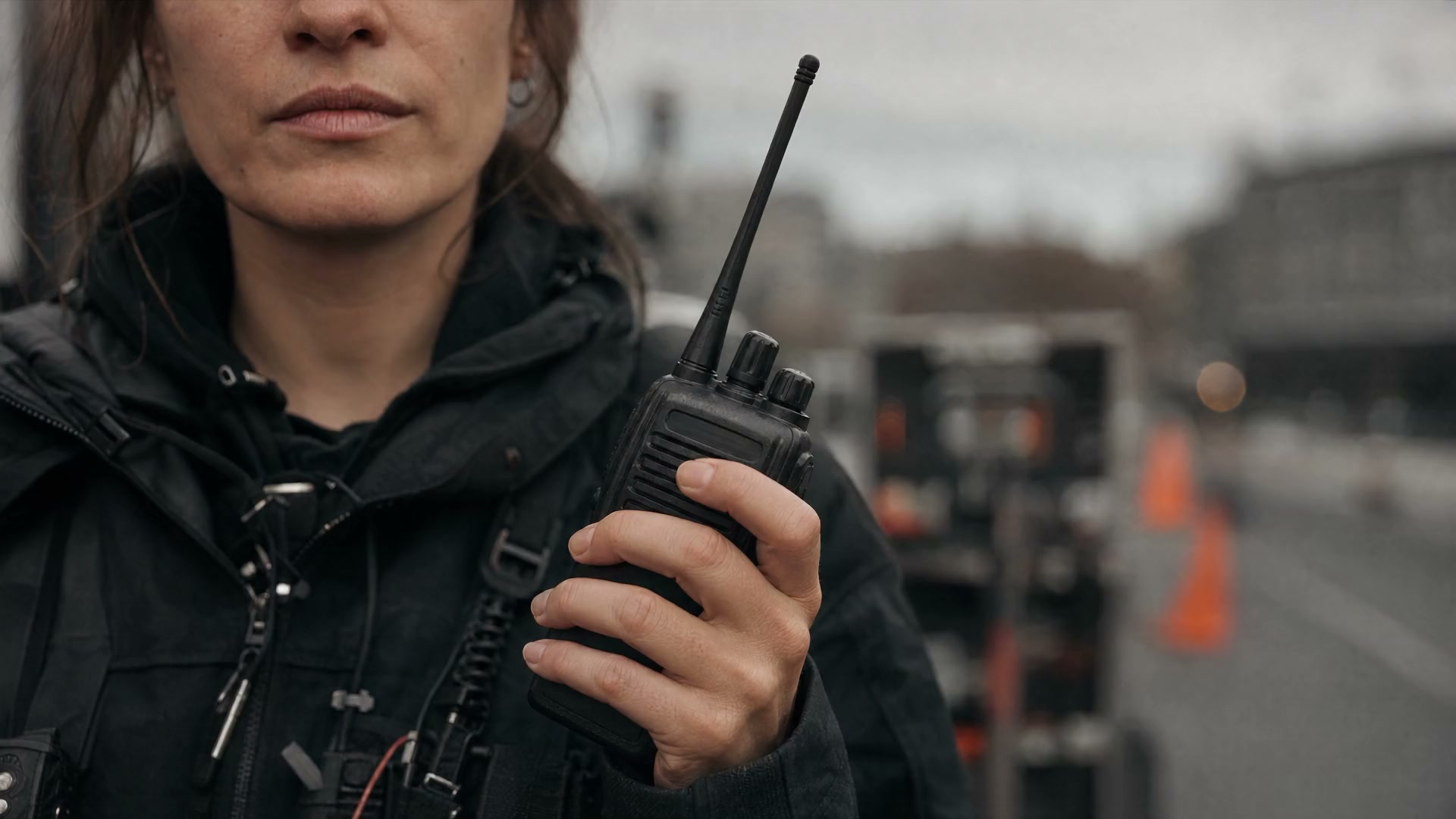 A locations crew member holding a walkie-talkie on a cone-lined filming street